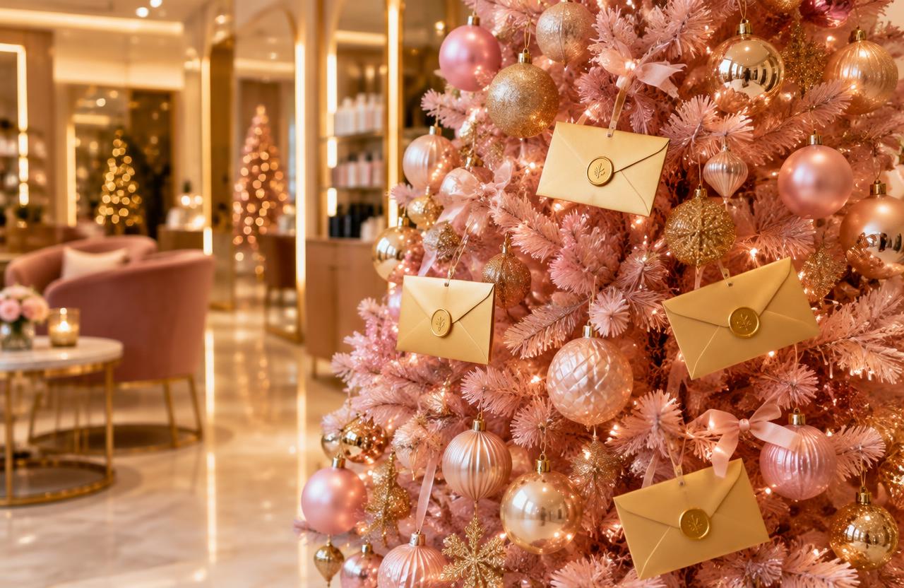 Árvore de Natal rosa decorada com envelopes dourados