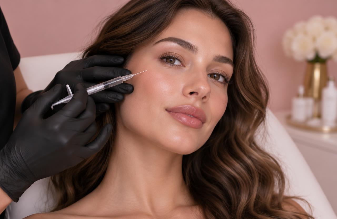 Paciente recebendo procedimento facial com profissional de luvas pretas